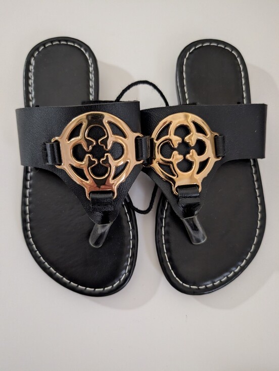 Other - Girls Black Thong Sandals with Gold Medallion Accent